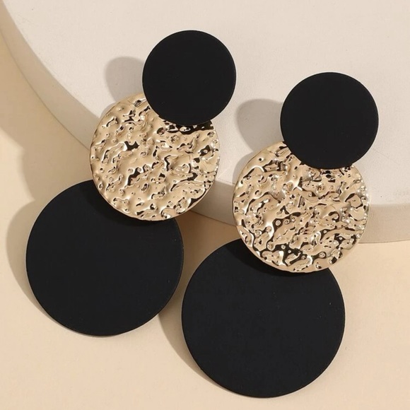 Restock- Black and Gold Round Drop Earrings - Picture 1 of 5